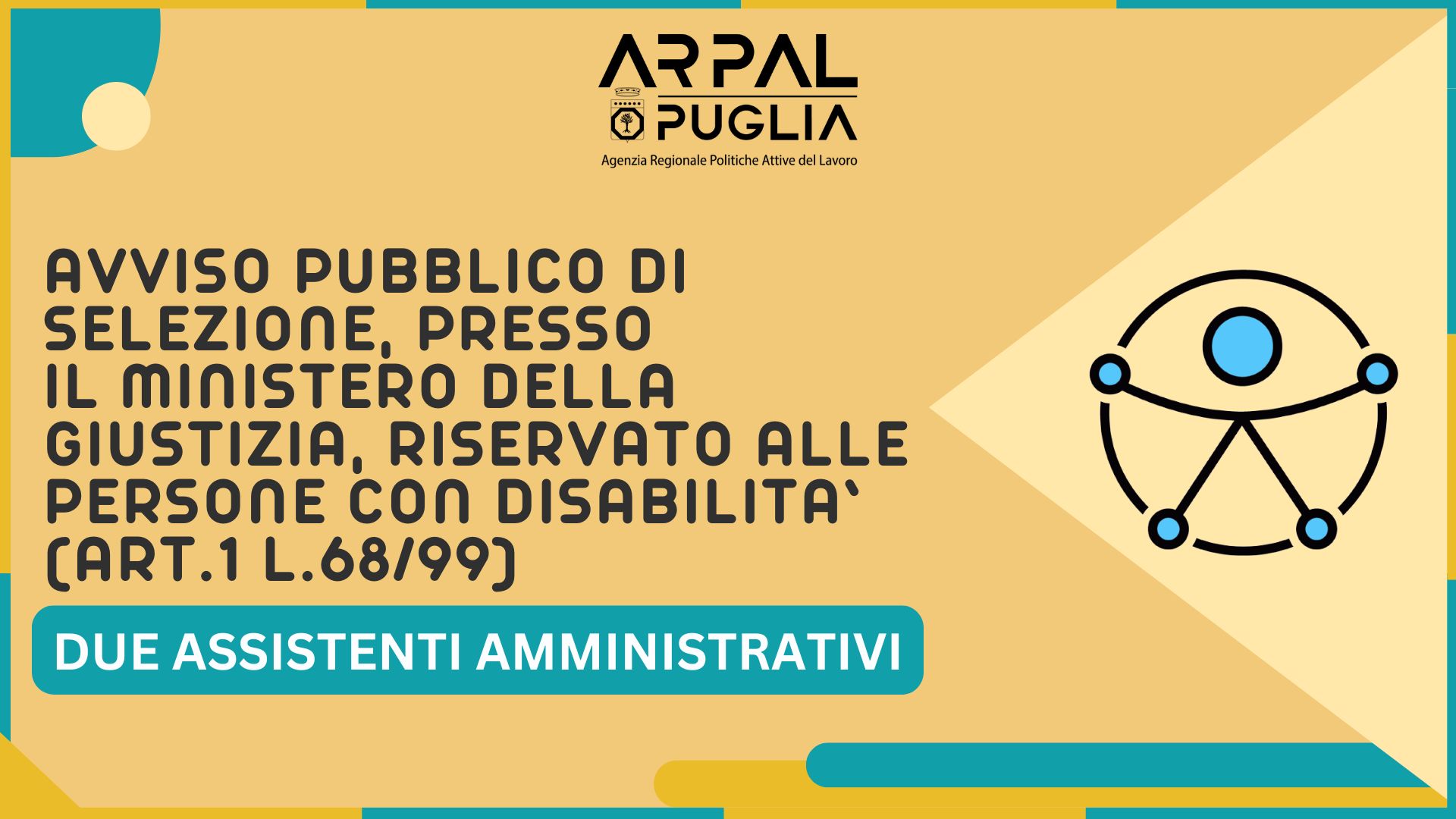 Avviso di selezione riservato alle persone con disabilità (art. 1 L. 68/99) per due assistenti amministrativi da assegnare presso gli uffici dei servizi minorili e UIEPE della provincia di Bari